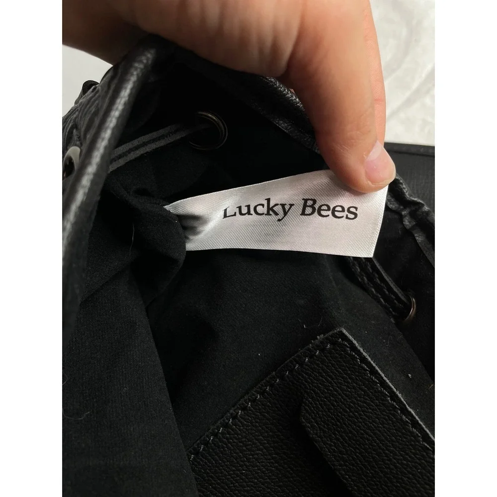 Lucky Bees Woven Faux Leather Drawstring Backpack Black Bee Logo Casual vean
